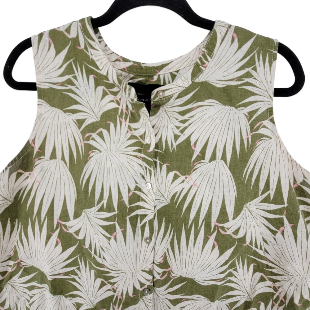 Tahari Women's Linen Sleeveless Shirt Top Large Green Palm Print Button Front